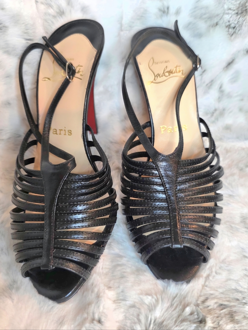 Christian Louboutin Black Leather Strappy Caged Sling Back Heels EU 38 / US 8 - Picture 4 of 8